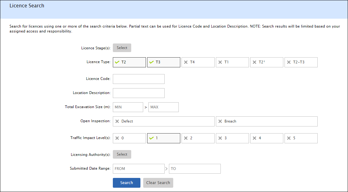 Applicant search for licences